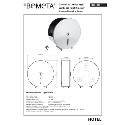 Bemeta Jumbo pojemnik na papier toaletowy O 260 mm błyszczący 148212051