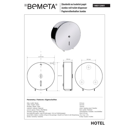 Bemeta Jumbo pojemnik na papier toaletowy 310 mm błyszczący 148312081