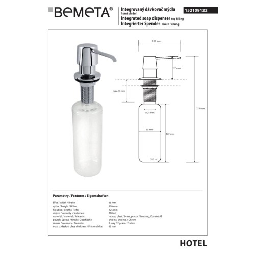 Bemeta Wbudowany dozownik mydła i płynu dezynfekującego 300 ml błyszczący 152109122