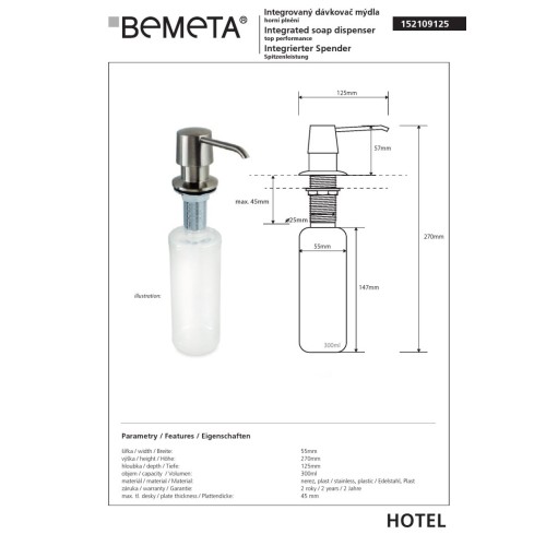 Bemeta Podblatowy wbudowany dozownik mydła i płynu dezynfekującego 300 ml matowy 152109125