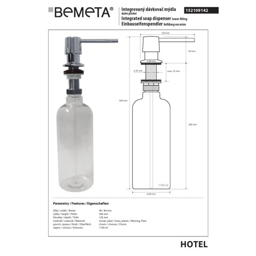 Bemeta Wbudowany dozownik mydła w płynie i detergentu 1100 ml 152109142