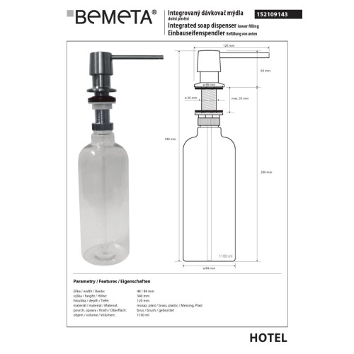 Bemeta Wbudowany dozownik mydła w płynie i detergentu 1100 ml 152109143