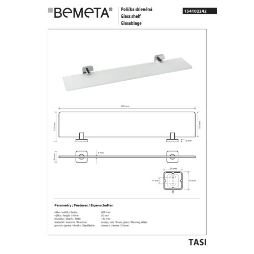 Bemeta TASI Półka szklana 600 mm 154102242
