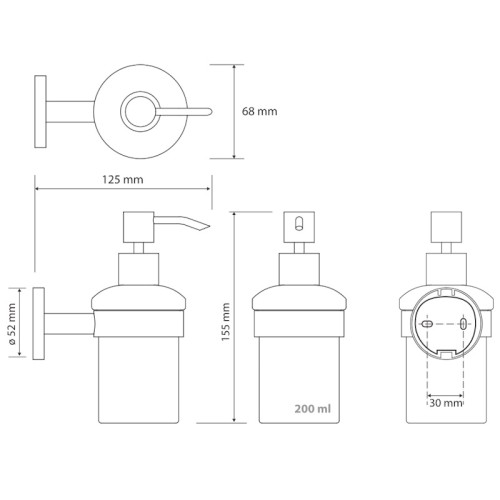 Rysunek techniczny dozownika Bemeta Circum 168109017 z wymiarami 155x68x125 mm i pojemnością 200 ml