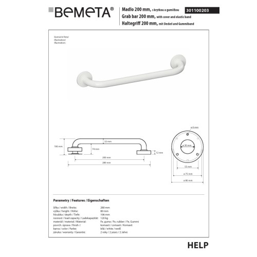 Bemeta HELP Uchwyt 200 mm biały z osłoną i gumką 301100203