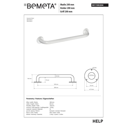 Bemeta HELP Uchwyt 200 mm biały 301100204