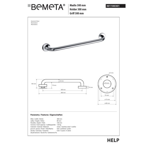 Bemeta HELP Uchwyt 300 mm połysk 301100301
