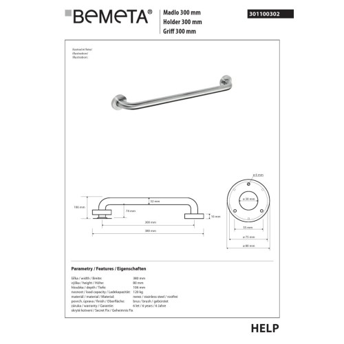 Bemeta HELP Uchwyt 300 mm matowy 301100302