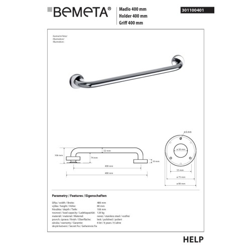 Bemeta HELP Uchwyt 400 mm połysk 301100401