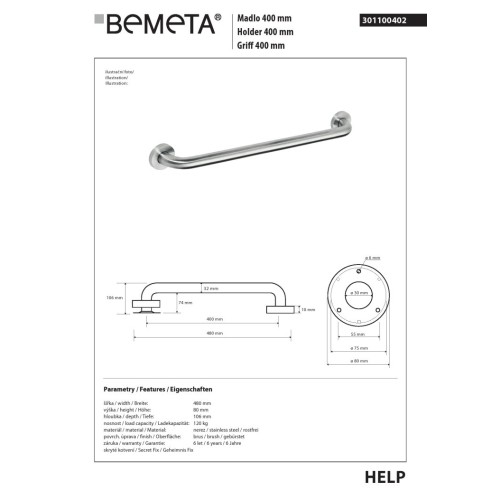 Bemeta HELP Uchwyt 400 mm matowy 301100402