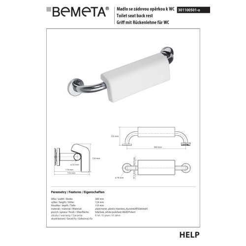 Bemeta HELP Uchwyt 500 mm z oparciem z osłoną stal nierdzewna połysk 301100501-o