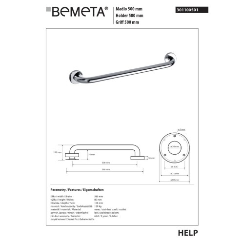Bemeta HELP Uchwyt 500 mm połysk 301100501