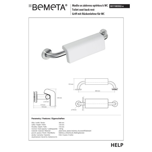 Bemeta HELP Uchwyt 500 mm ze stali nierdzewnej z oparciem z osłoną 301100502-o