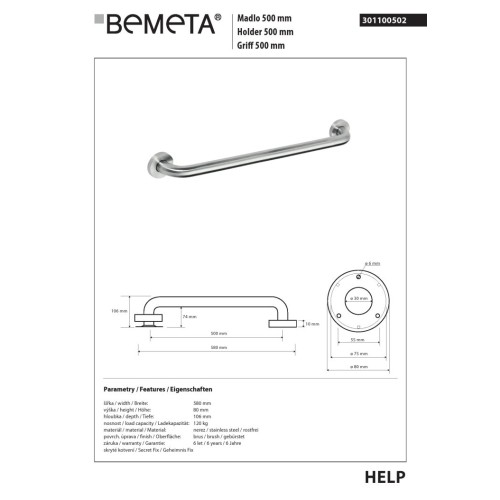 Bemeta HELP Uchwyt 500 mm matowy 301100502