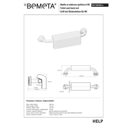 Bemeta HELP Uchwyt 500 mm biały z oparciem z osłoną 301100503-o