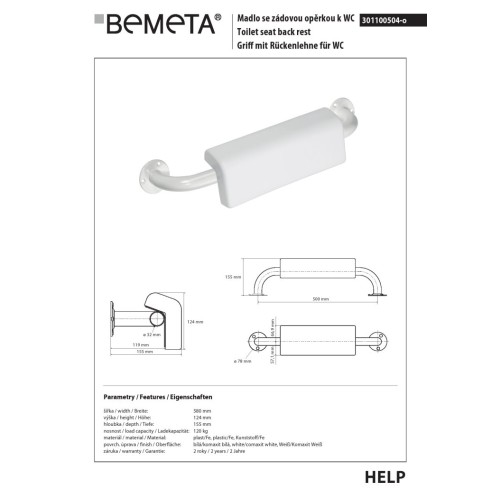 Bemeta HELP Uchwyt 500 mm biały z oparciem 301100504-o