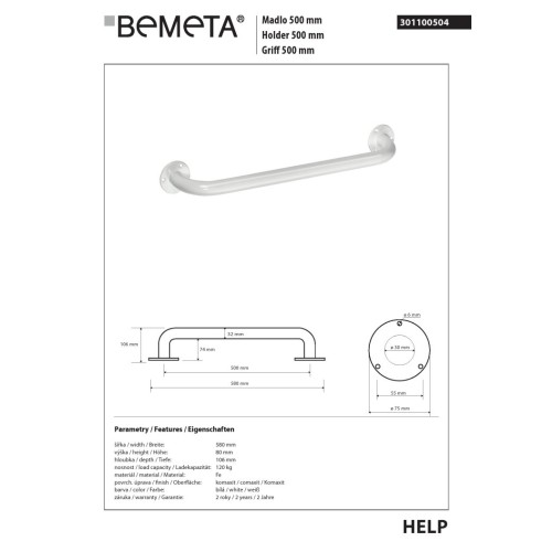 Bemeta HELP Uchwyt 500 mm biały 301100504