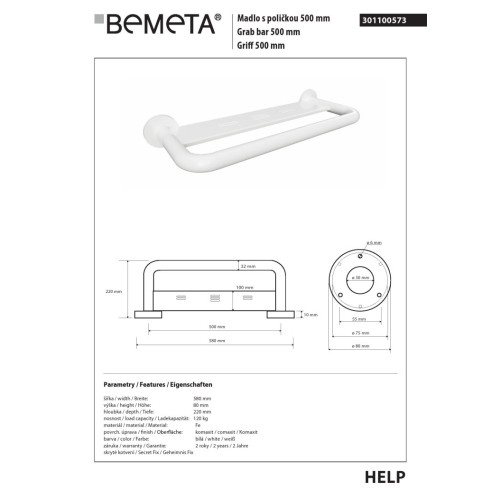 Bemeta HELP Uchwyt z półką 500 mm biały z osłoną 301100573
