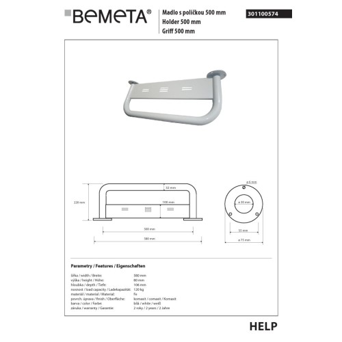 Bemeta HELP Uchwyt z półką 500 mm biały 301100574