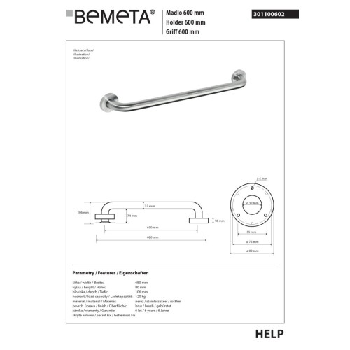 Bemeta HELP Uchwyt 600 mm matowy 301100602