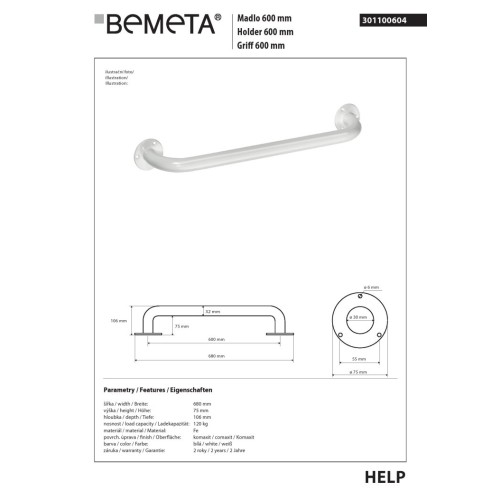 Bemeta HELP Uchwyt 600 mm biały 301100604