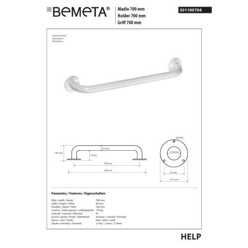 Bemeta HELP Uchwyt 700 mm biały 301100704