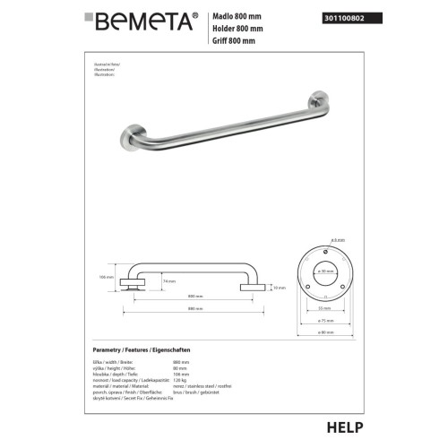 Bemeta HELP Uchwyt 800 mm matowy 301100802