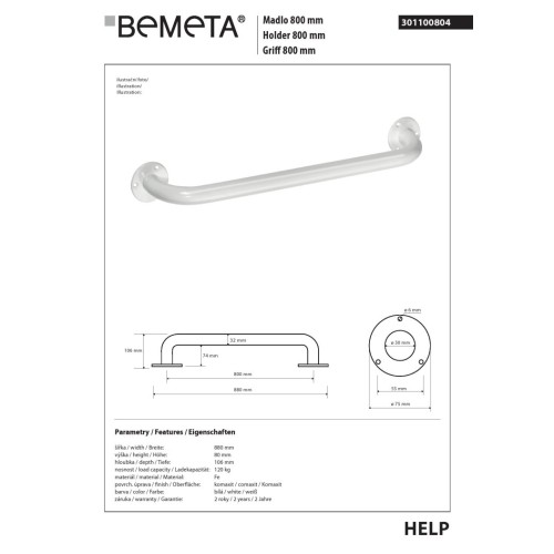 Bemeta HELP Uchwyt 800 mm biały 301100804