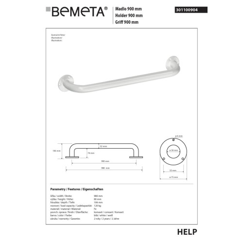 Bemeta HELP Uchwyt 900 mm biały 301100904