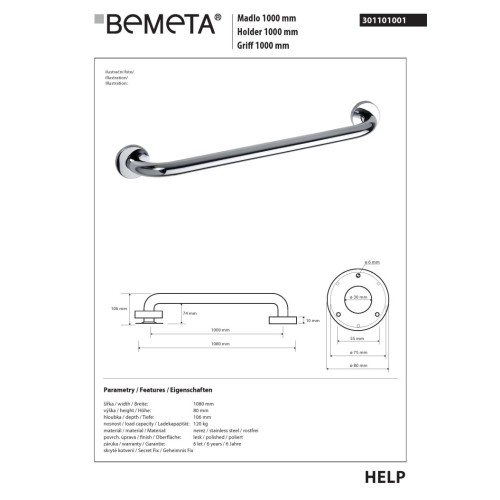 Bemeta HELP Uchwyt 1000mm połysk 301101001