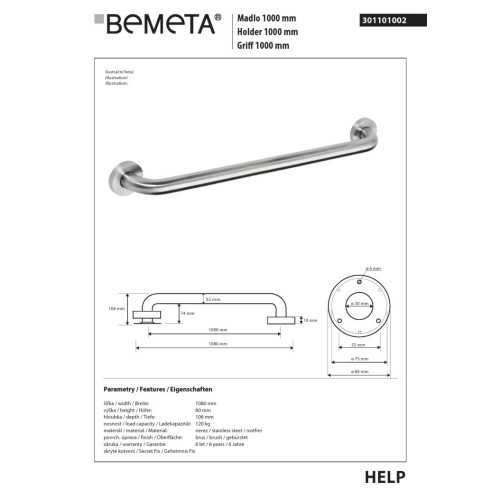 Bemeta HELP Uchwyt 1000 mm matowy 301101002
