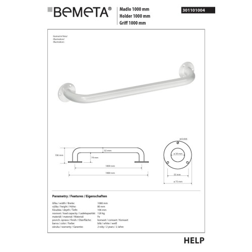 Bemeta HELP Uchwyt 1000 mm biały 301101004