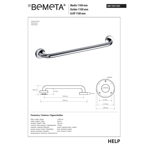 Bemeta HELP Uchwyt 1100 mm połysk 301101101