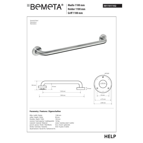 Bemeta HELP Uchwyt 1100 mm matowy 301101102