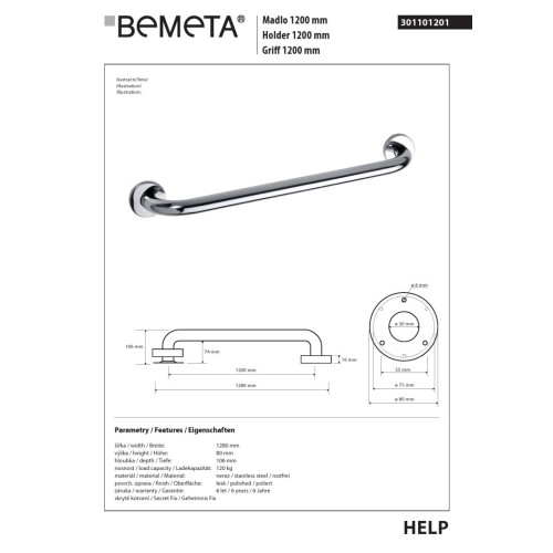 Bemeta HELP Uchwyt 1200 mm połysk 301101201