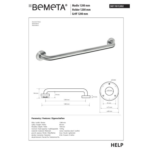 Bemeta HELP Uchwyt 1200 mm matowy 301101202