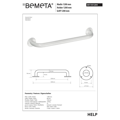 Bemeta HELP Uchwyt 1200 mm biały 301101204
