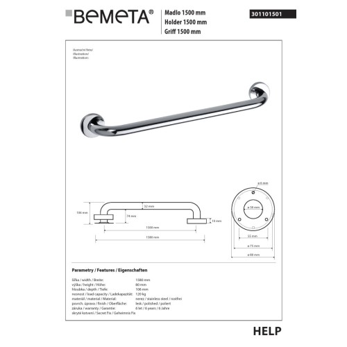 Bemeta HELP Uchwyt 1500 mm połysk 301101501