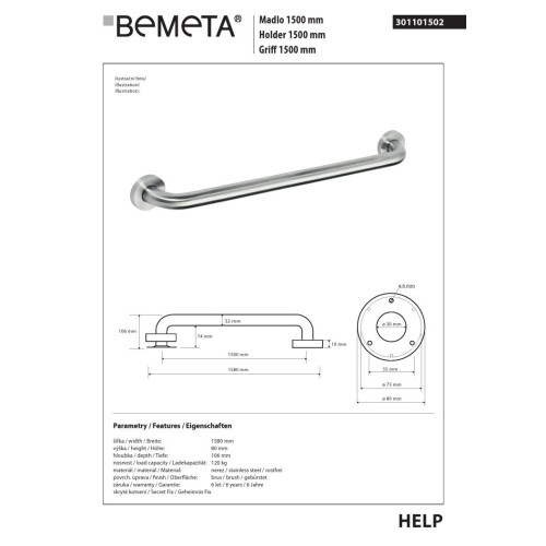 Bemeta HELP Uchwyt 1500 mm matowy 301101502