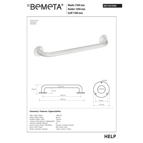 Bemeta HELP Uchwyt 1500 mm biały 301101504