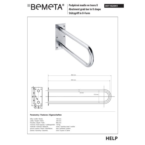 Bemeta HELP Uchwyt w kształcie litery U 850 mm stal nierdzewna, 301102041