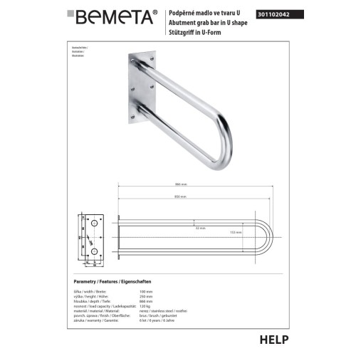 Bemeta HELP Uchwyt w kształcie litery U 850 mm stal nierdzewna szlifowana 301102042