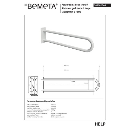 Bemeta HELP Uchwyt w kształcie litery U 850 mm biały 301102044
