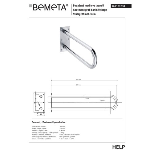 Bemeta HELP Uchwyt w kształcie litery U 600 mm stal nierdzewna 301102051