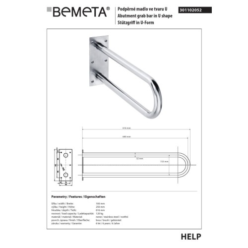 Bemeta HELP Uchwyt w kształcie litery U 600 mm matowy 301102052