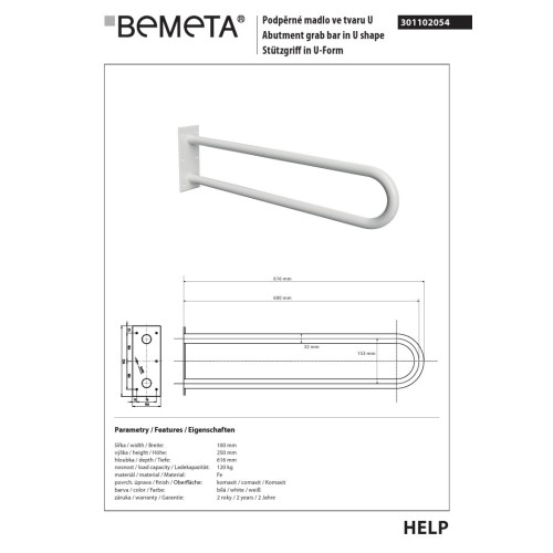 Bemeta HELP Uchwyt w kształcie litery U 600 mm biały 301102054