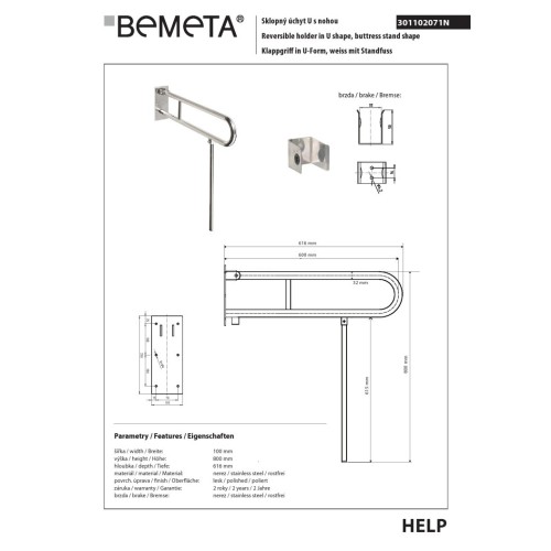 Bemeta HELP składany uchwyt w kształcie litery U z nóżką 600 mm stal nierdzewna połysk 301102071N