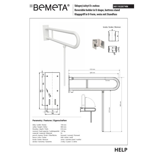 Bemeta HELP Uchwyt składany w kształcie litery U z nogą 600 mm biały 301102074N