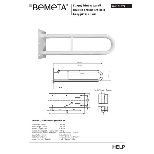 Bemeta HELP Uchwyt składany w kształcie litery U 600 mm biały 301102074