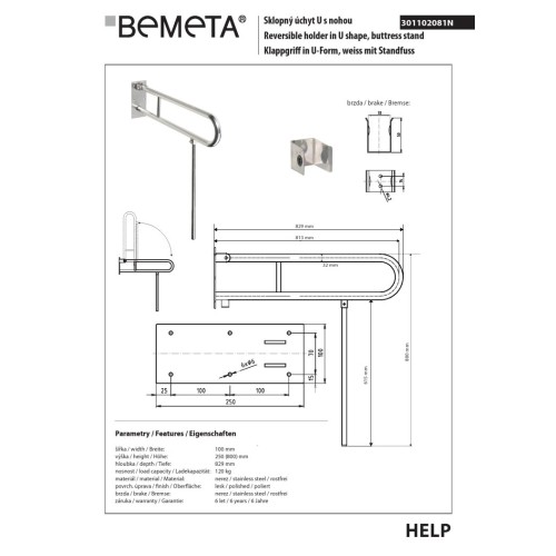 Bemeta HELP Składany uchwyt w kształcie litery U z nogą podporową 813 mm stal nierdzewna 301102081N